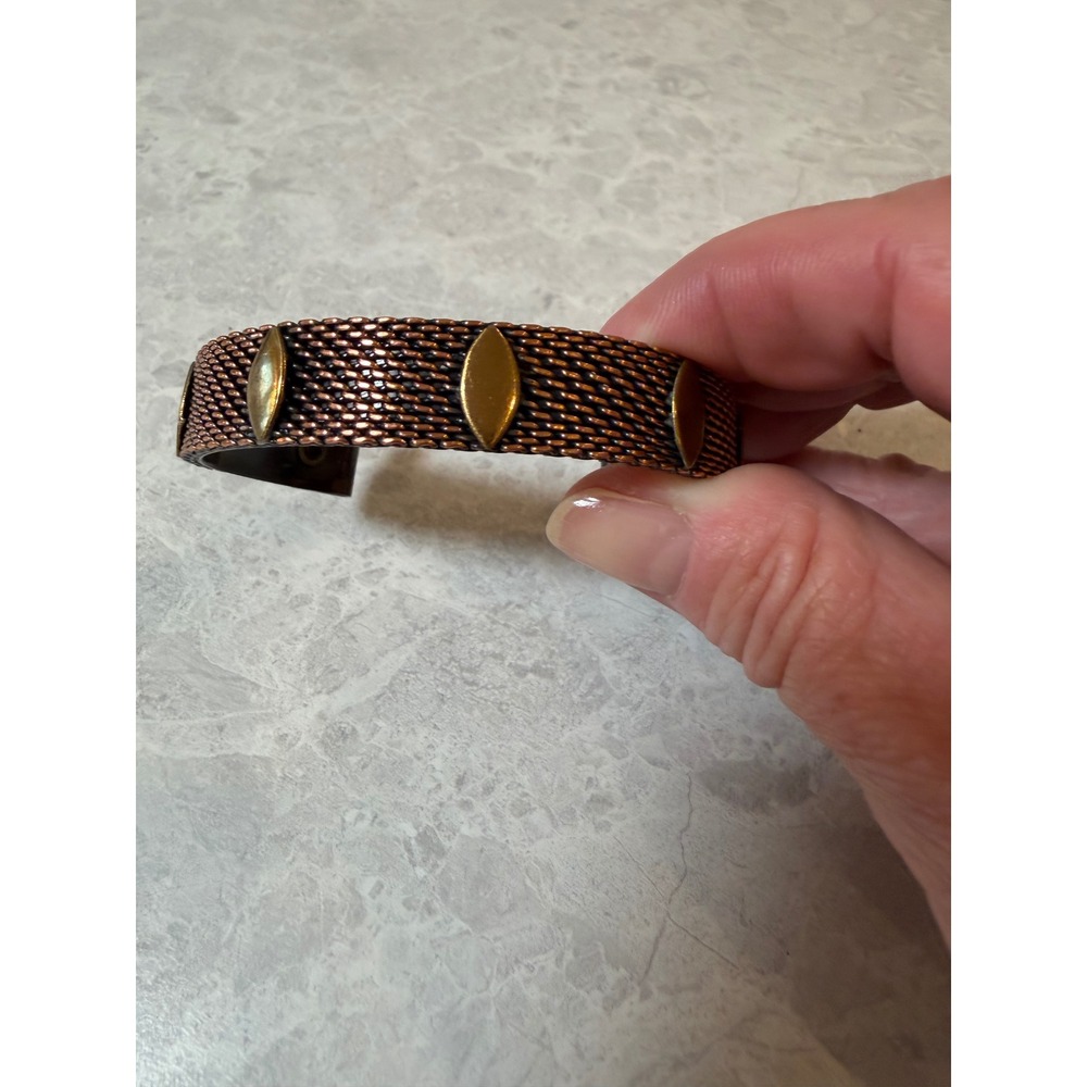 Copper Tone Mesh Cuff Bracelet Brass Marquise Studs Industrial Mixed Metal